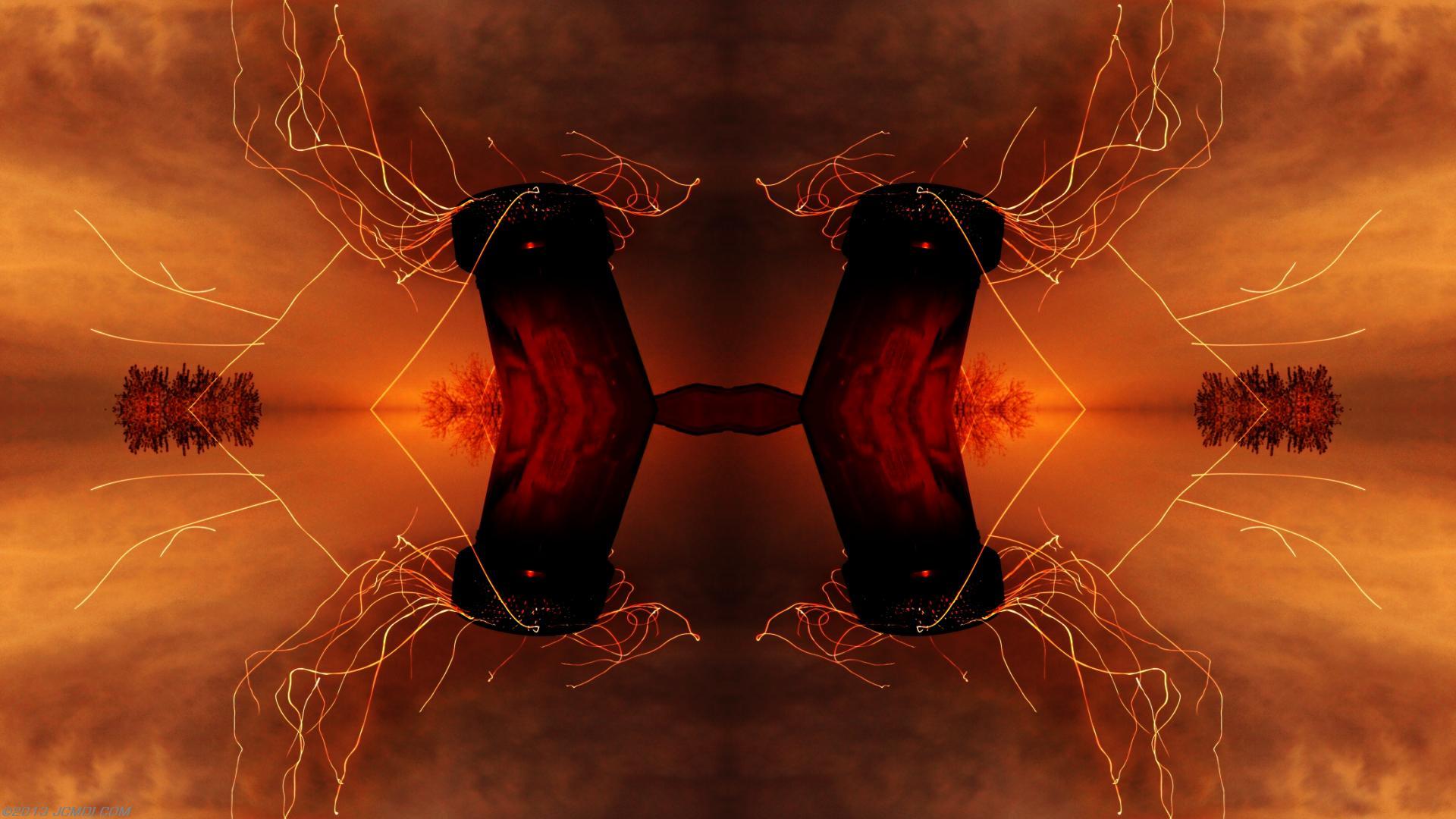 Quadroscopic composite trails: Zoomed 5D clouds moon chimney sparks and stars